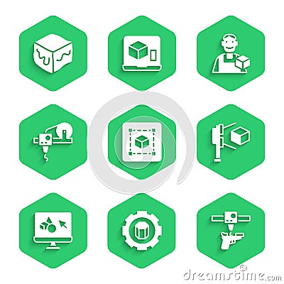 Set Geometric figure Cube, 3D printer setting, gun, scanner with cube, software, Graphic designer and Isometric icon Stock Photo