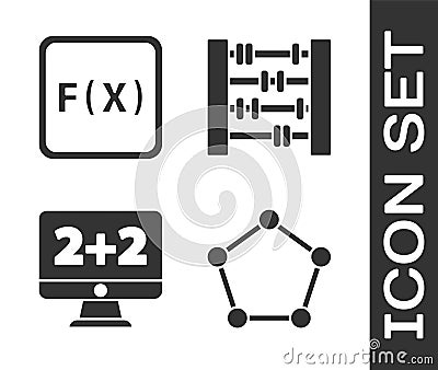 Set Geometric figure Pentagonal prism, Function mathematical symbol, Equation solution and Abacus icon. Vector Vector Illustration