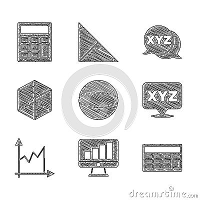 Set Geometric figure Sphere, Computer monitor with graph chart, Calculator, XYZ Coordinate system, Graph, schedule Stock Photo