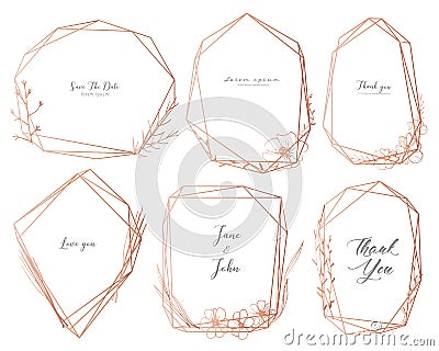 Set of geometric frame, Hand drawn flowers, Botanical composition, Decorative element for wedding card, Invitations Vector Illustration