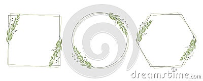 Set of geometric frames, wreaths with delicate branches of laurel leaves, eucalyptus leaves. Templates in boho style. Vector Illustration