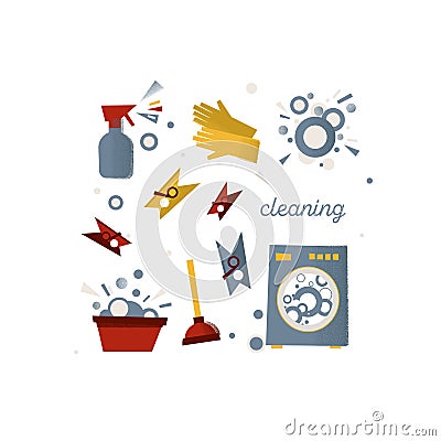 Set of geometric icons, abstract, constructivism. Collection about cleaning and washing Vector Illustration