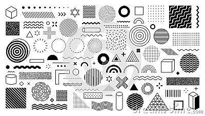 Set of 100 geometric shapes. Memphis design, retro elements for web, vintage, advertisement, commercial banner, poster, leaflet, Vector Illustration