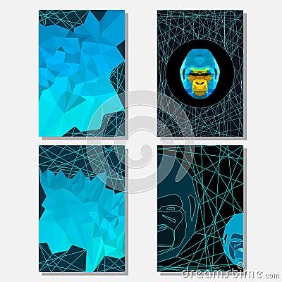 Set with geometric triangle abstract gorilla portrait and polygonal background Vector Illustration