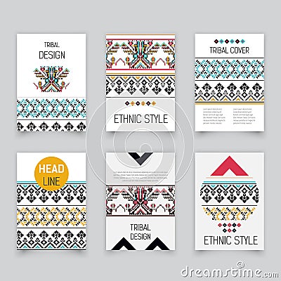 Set of geometric tribal Aztec pixel flyers, brochure templates, design elements card, modern pattern, gift - stock Vector Illustration