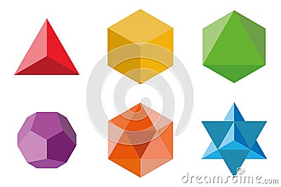 Set of geometrical elements and shapes: pyramid, cube, octahedron, dodecahedron, icosahedron and Davids Star. Vector Illustration