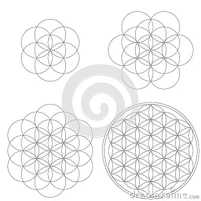 Set of geometrical elements and shapes. Sacred Geometry Flower of Life development. Vector Illustration