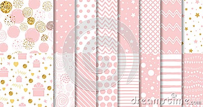 Set of sweet pink seamless pattern Pink dotted background collection Baby girl geometric ornamental template vector Vector Illustration