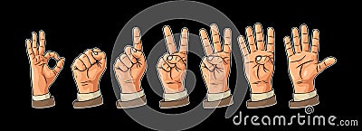 Set of gestures of hands counting from zero to five. Male Hand sign Vector Illustration