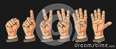 Set of gestures of hands counting from zero to five. Male Hand sign. Vector Illustration