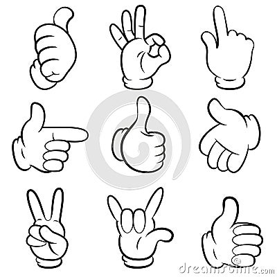 Set of gestures. Hands symbols (signals) collection. Cartoon style. Isolated on white background. Cartoon Illustration