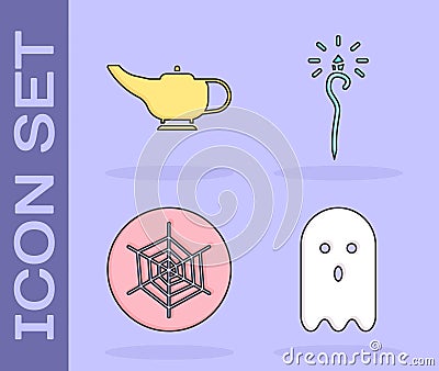 Set Ghost, Magic lamp or Aladdin, Spider web and Magic staff icon. Vector Vector Illustration