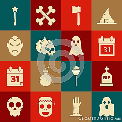 Set Ghost, Tombstone with RIP, Calendar Halloween date 31 october, Wooden axe, Pumpkin and skull, Vampire, Magic wand Vector Illustration