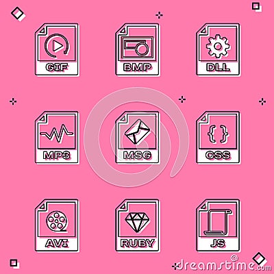 Set GIF file document, BMP, DLL, MP3, MSG and CSS icon. Vector Vector Illustration