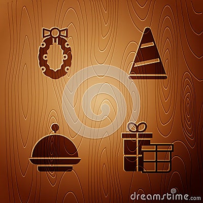 Set Gift box, Christmas wreath, covered with tray and Party hat on wooden background. Vector Vector Illustration