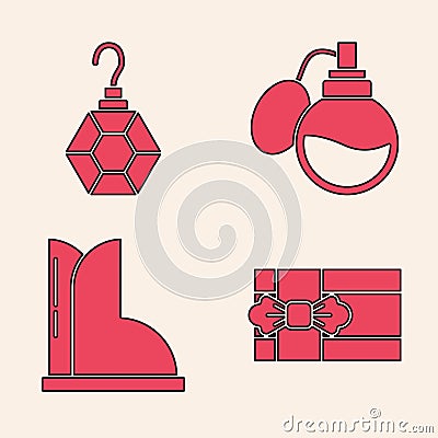 Set Gift box, Earring, Perfume and Waterproof rubber boot icon. Vector Vector Illustration