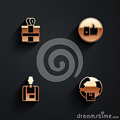 Set Gift box, Hand like, Seller and Worldwide shipping icon with long shadow. Vector Vector Illustration