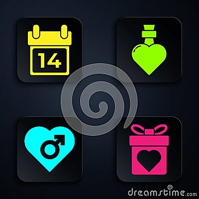 Set Gift box with heart, Calendar with February 14, Heart with male gender and Bottle with love potion. Black square Vector Illustration