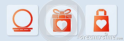 Set Gift box and heart, Makeup powder with mirror and Shopping bag with heart. White square button. Vector Vector Illustration