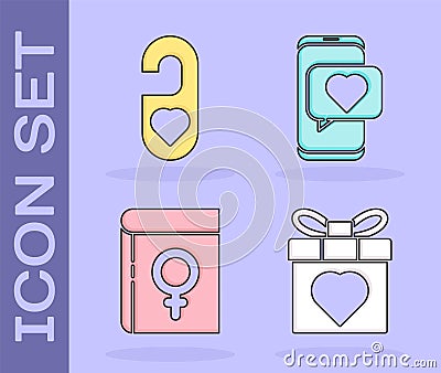 Set Gift box and heart, Please do not disturb with heart, Book about women and Online dating app and chat icon. Vector Vector Illustration