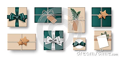Set of gift box isolated on white background. Collection of craft-style gift present. Top view. Vector Illustration