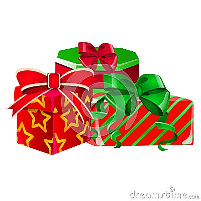 Set of gift boxes with a green and red ribbon with bowknot with wrapped paper red color with a striped texture and the Vector Illustration