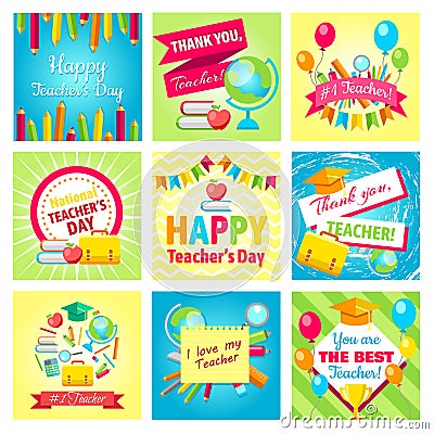 Set of gift cards for Teacher`s Day. Vector illustrations collection. Vector Illustration