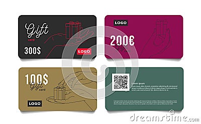 Set of gift cards vouchers with hand giving a small present box in dofferent positions, premium segment template voucher Vector Illustration