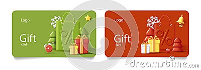 Set of gift certificate with 3d render composition illustration of big shopping bag with percent sign and Christmas Vector Illustration