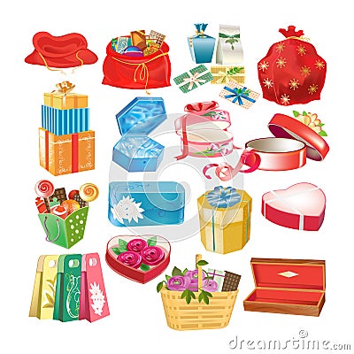 Set of gift decorative boxes, packages and cases, with gifts. Vector Illustration