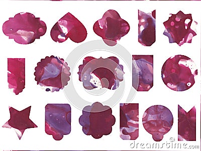 Gift tag and lables. Set of sale purple tags and labels, different shapes, template of shopping labels. Stock Photo