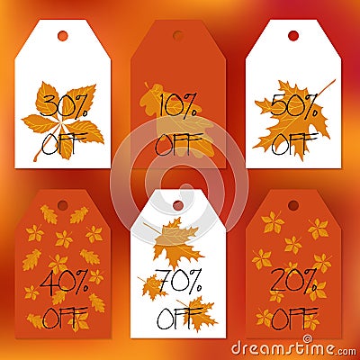 Set gift tags. Stock set for autumn sale. Abstract blurred orange background. Fall leafs. Text of percent discounts. Vector Illustration