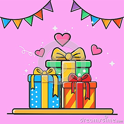 Set Gifts boxes and heart colors Vector Illustration