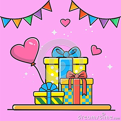 Set Gifts boxes and heart colors Vector Illustration