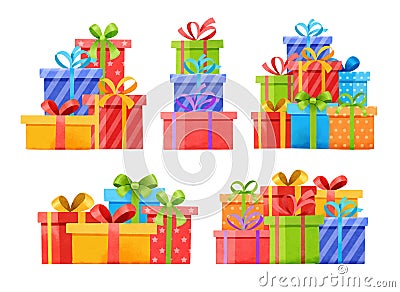 Set of gifts boxes isolated on white. Watercolor christmas and new year set with gift boxes Vector Illustration