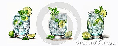 Set of Gin Tonic cocktails with mint and lime. Vintage realistic drawing of classic Mojito alcoholic drink with lemon Cartoon Illustration