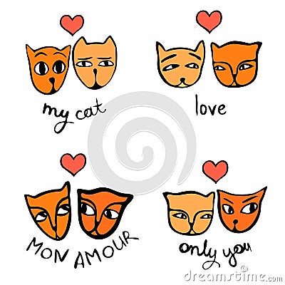 A set of ginger cats in love with inscriptions on a white background. Vector image. Vector Illustration