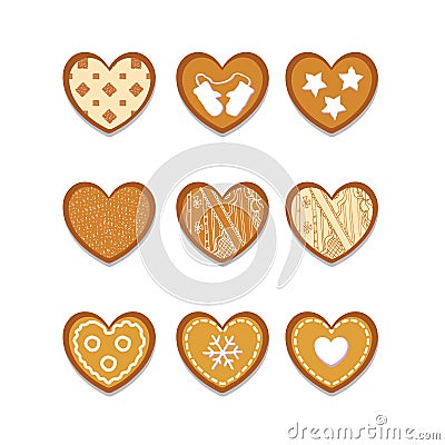 Set of ginger cookies in the shape of heart Vector Illustration