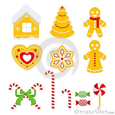 Set of gingerbread cookies. Christmas tree, house, heart, little people. Vector Illustration