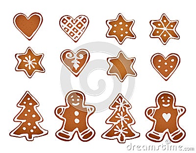 Set of gingerbread cookies. Decorative gingerbread man, stars, hearts and christmas tree with icing on white background. Vectors Vector Illustration