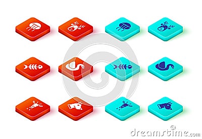 Set Giraffe head, Dog, Fish skeleton, Swan bird, Deer with antlers and Jellyfish icon. Vector Stock Photo