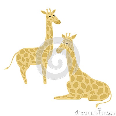 Set giraffes isolated on white background. Cute character sits and full-length. Safari animals in pattern spots Cartoon Illustration