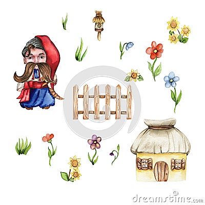 Set of girl and boy gnome in national ukrainian costume ,country houses and flowers. Design for baby shower party, birthday,cake, Stock Photo