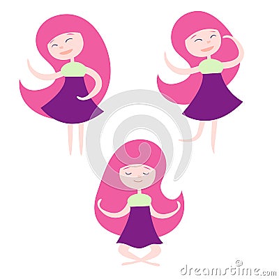 Set girl dressed in a dress with a variety of emotions and poses. Vector illustration Cartoon Illustration