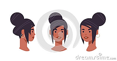 Set girl head avatar front side view female african american character different views for animation Vector Illustration