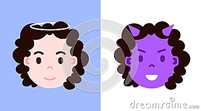 Set girl head emoji personage icon with facial emotions, avatar character, angel and devil face with different female Vector Illustration