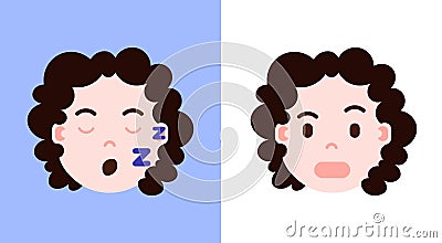 Set girl head emoji personage icon with facial emotions, avatar character, girl sllep and suprised face with different Vector Illustration