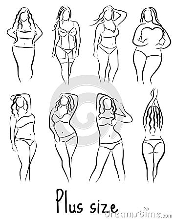 Set Girl silhouette sketch plus size model. Curvy woman symbol. Vector illustration Vector Illustration