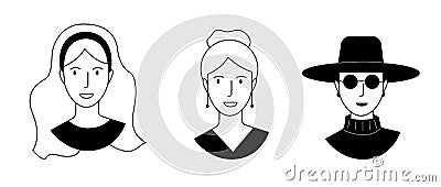 A set with a girl's head in black and white. With loose hair, with a hairstyle and a hat and sunglasses. Vector Illustration