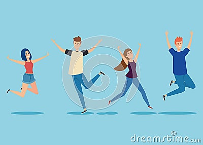 Set girls and boys jumping with hands up Vector Illustration